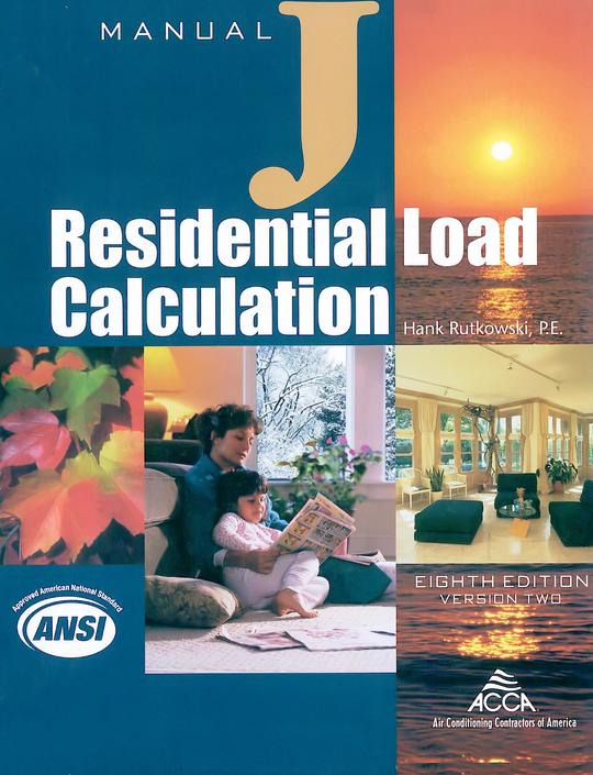 Cover of Manual J Residential Load Calculation 8th Edition showing family reading indoors and sunset over ocean background