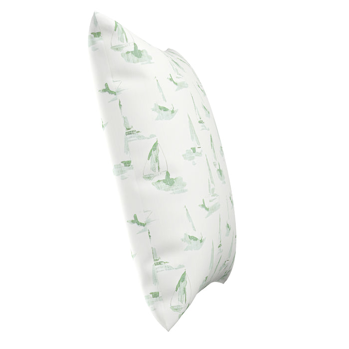 White pillowcase with green leaf pattern on a white background