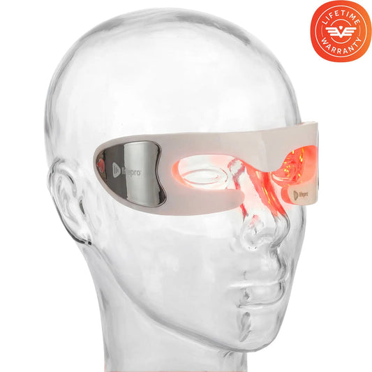 Clear mannequin head wearing the RejuvaGlow red light eye mask at an angle, LEDs glowing red over the eyes, with a Lifetime Warranty badge.