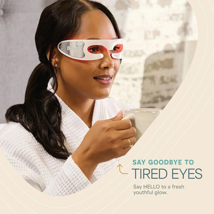 Woman in a robe wearing the RejuvaGlow mask while holding a mug, captioned Say Goodbye to Tired Eyes.