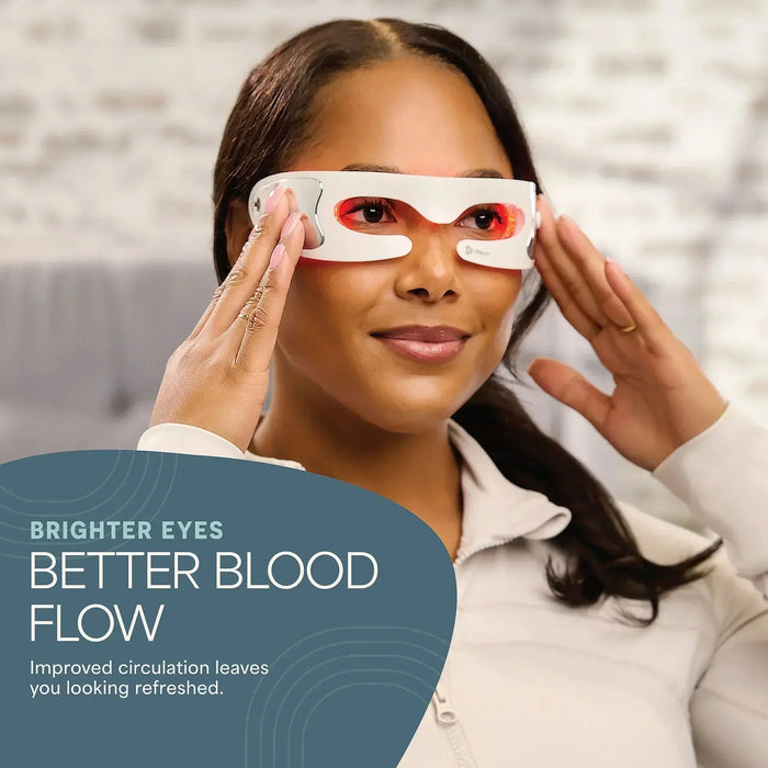Woman adjusting the RejuvaGlow mask with both hands, beside the heading Brighter Eyes, Better Blood Flow.
