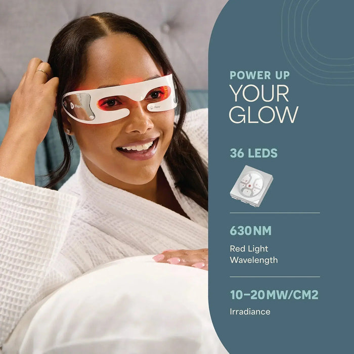 Woman wearing the RejuvaGlow mask with one hand in her hair, beside specs for its 36 LEDs and 630nm red light wavelength at 10-20 mW/cm2 irradiance.