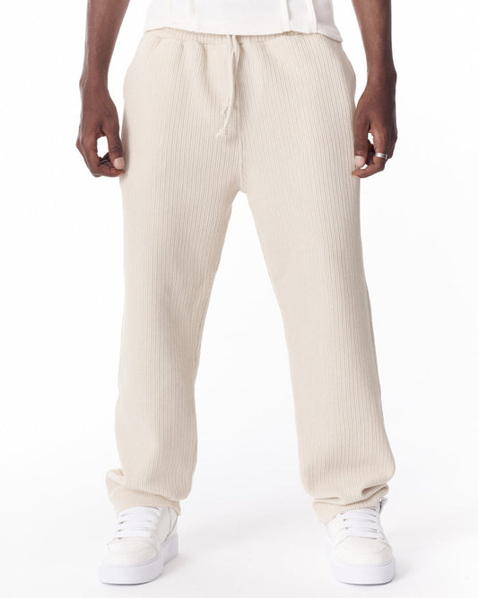 Relaxed Fit Ribbed Beige Sweatpants With Drawstring