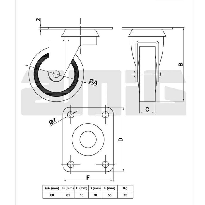 Rubber castor wheel Ø2-3/8 inch Furniture wheels AMIG