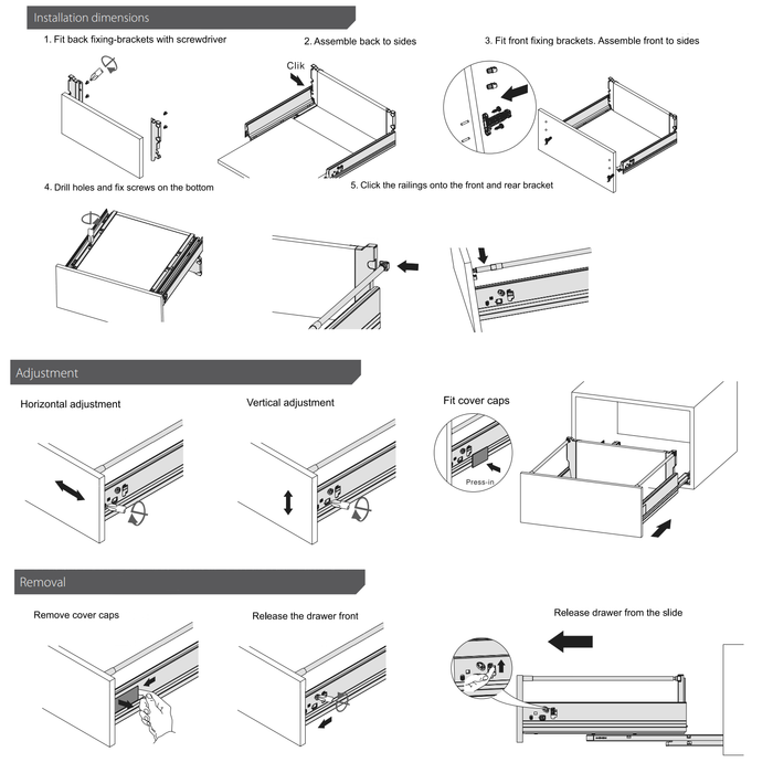 Set of Soft-Close Drawer System, MEDIUM, H: 5-9/16 inch, Silver (3) – Furnica