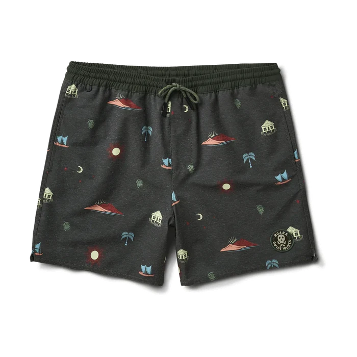Roark Shorey Te Fenua Volley boardshorts, dark military green elastic waist trunks size S