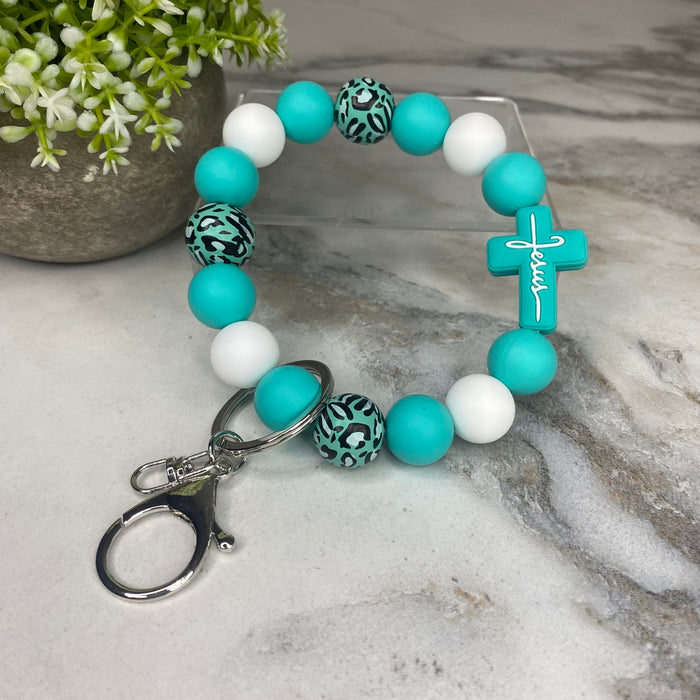 Silicone & Wood Bracelet Keychain - Religious, Jesus, White & Teal