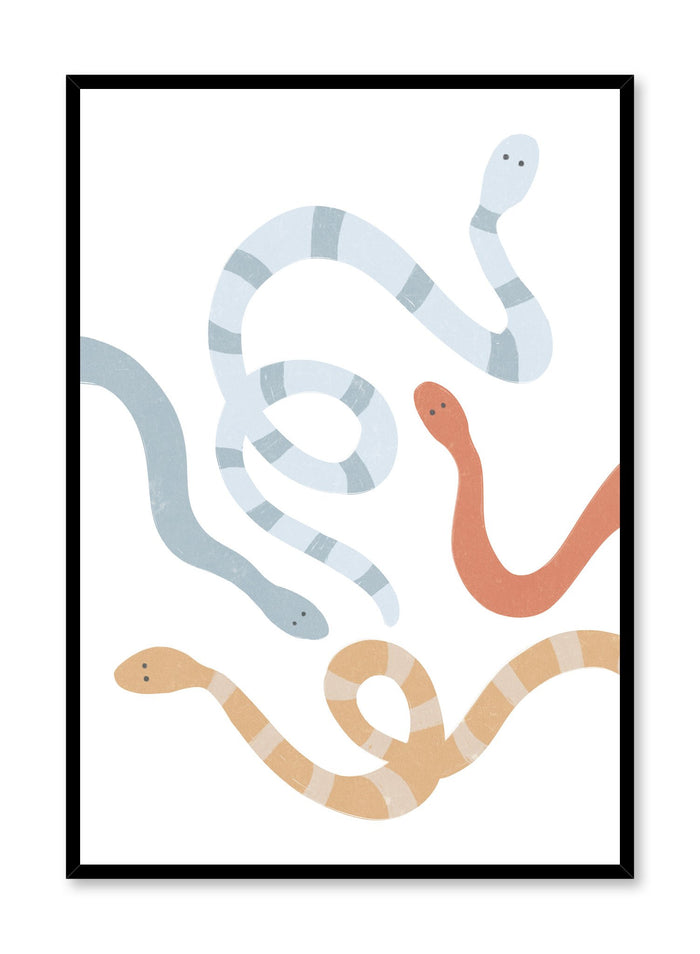 Silly Snakes is a minimalist illustration by Opposite Wall of four colourful snakes, where two are striped, roaming across the poster.