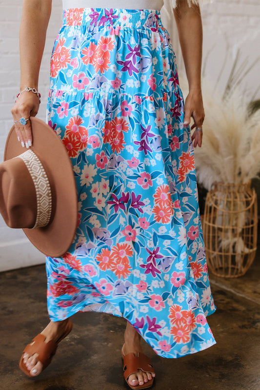 Sky Blue Floral Printed High Waist Split Wrap Long Skirt