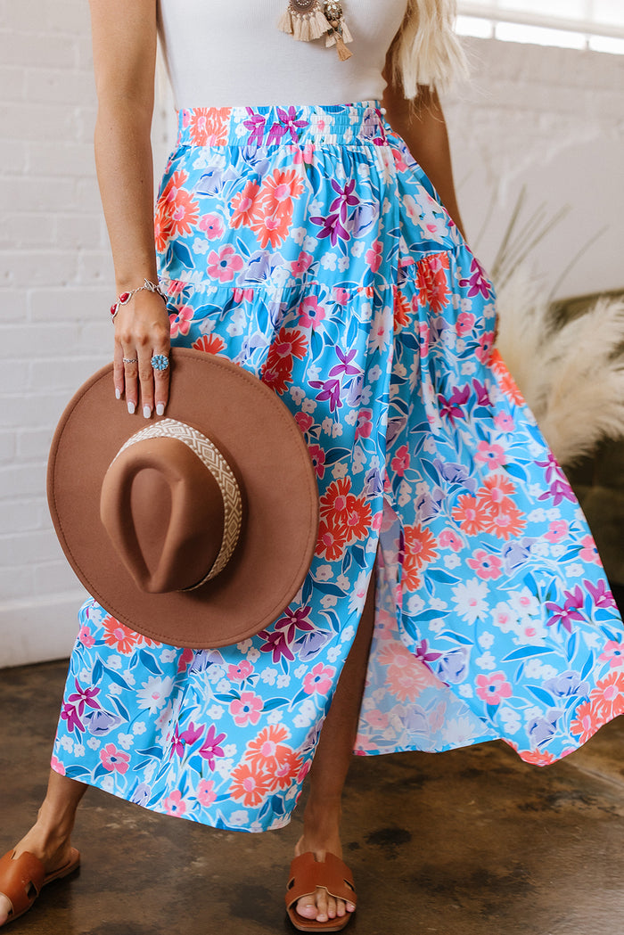Sky Blue Floral Printed High Waist Split Wrap Long Skirt