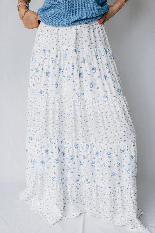 Sky Blue High Waist Tiny Floral Print Boho Maxi Skirt
