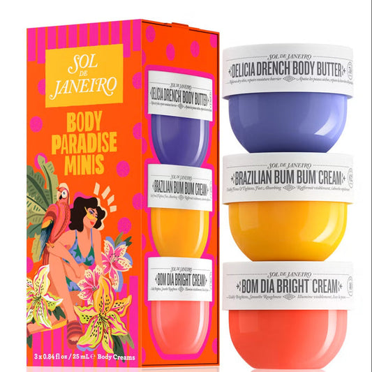 Sets of Sol de Janeiro Body Paradise minis with skincare products, featuring vibrant packaging and tropical-inspired design.
