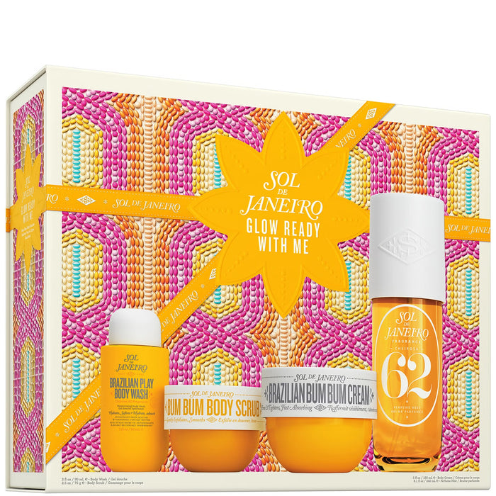 Sol de Janeiro Glow Ready With Me skin care set with lotion, serum, and body oil in stylish packaging, highlighting a luminous glow.