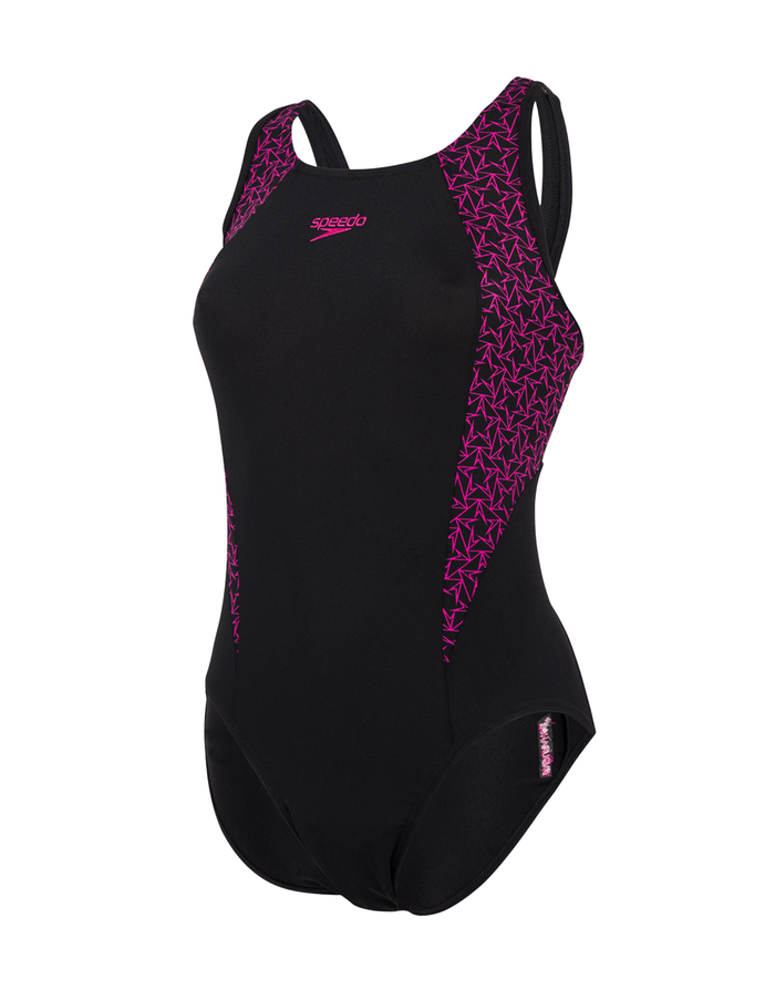 Black Speedo Boomstar Splice Flyback swimsuit with pink geometric neoprene sides