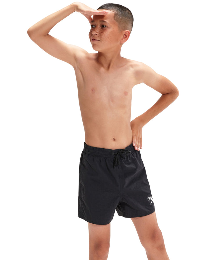 Black Speedo Boys Essential 13’’ watershorts with white logo and drawstring