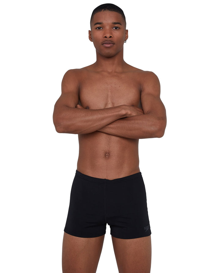 Black Speedo Essential Endurance Plus swim trunk with smooth cotton boxer briefs