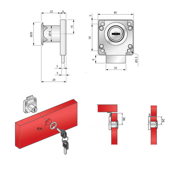 Square Furniture Lock 3/4x7/8 inch , Identical Key Version, Chrome (2) – Furnica