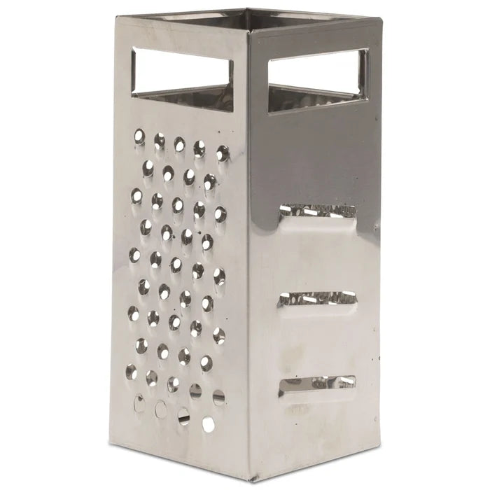Metallic square-shaped object with perforated design on a white background