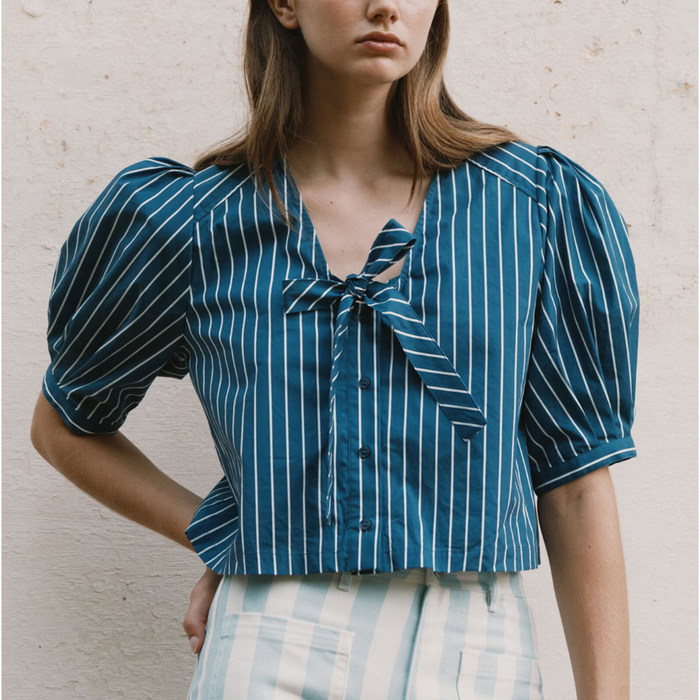 Striped Bow Blouse in Light Navy