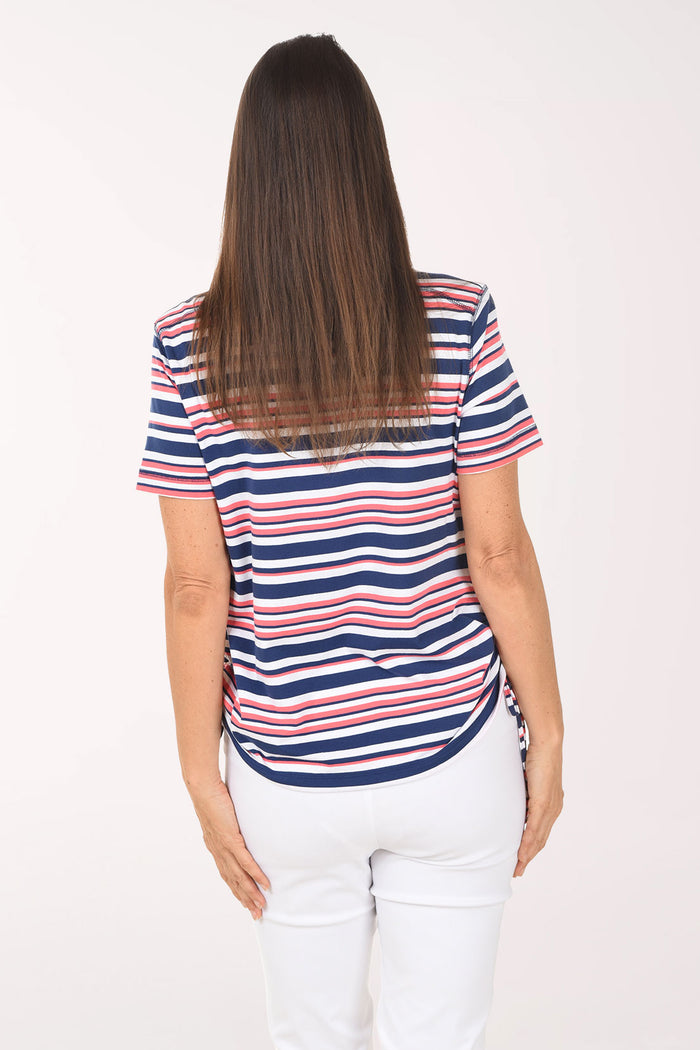 Woman wearing a striped shirt with a white background