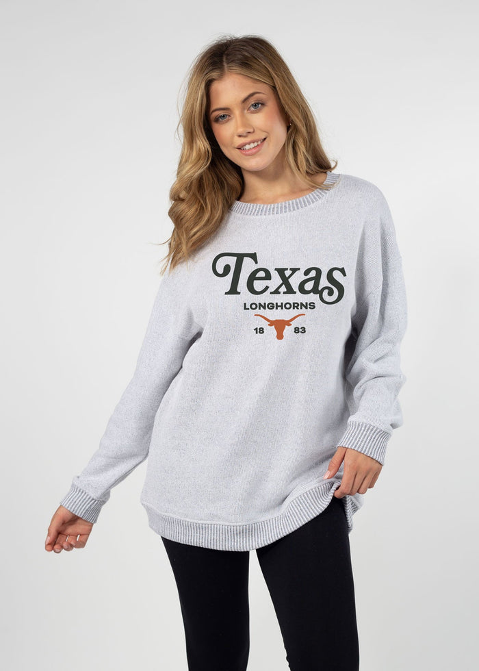 Texas Longhorns Women's Heather-Grey Relaxed, straight Yarn-dyed brushed fleece Sweatshirt with the look of sweater, the touch of a blanket, crew neckline and ribbed neck, cuffs and hem
