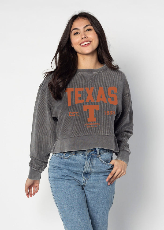 Texas Longhorns Women's Charcoal Relaxed Premium cotton corded fleece Sweatshirt with Super soft hand feel, vintage wash, side slits and ribbed crew neckline, cuffs, and hemline