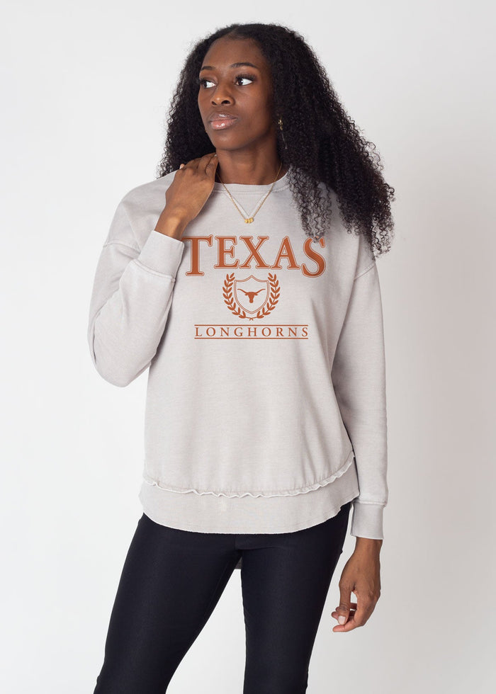 Texas Longhorns Women's Steel Relaxed Burnout fleece Sweatshirt with crew neck, dropped shoulders and hi-lo curved hem
