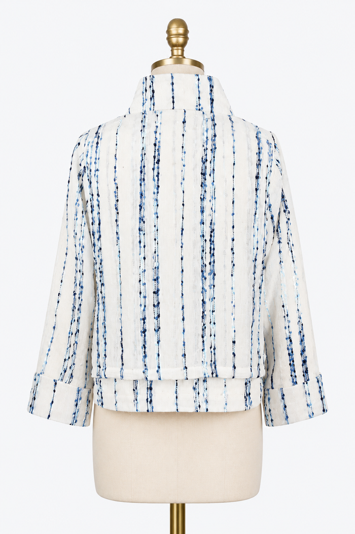 Textured Stripe Cinch-Waist Jacket in Ivory & Blue - 5045
