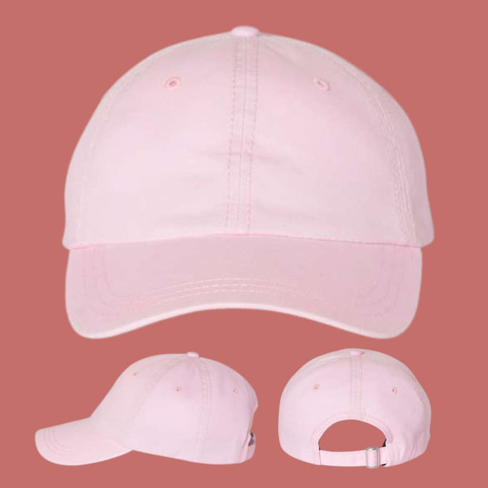 Pink baseball cap shown from three angles on a pink background