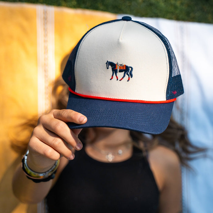 Trucker Hat-Horse Embroidered Trucker - Cream/Navy