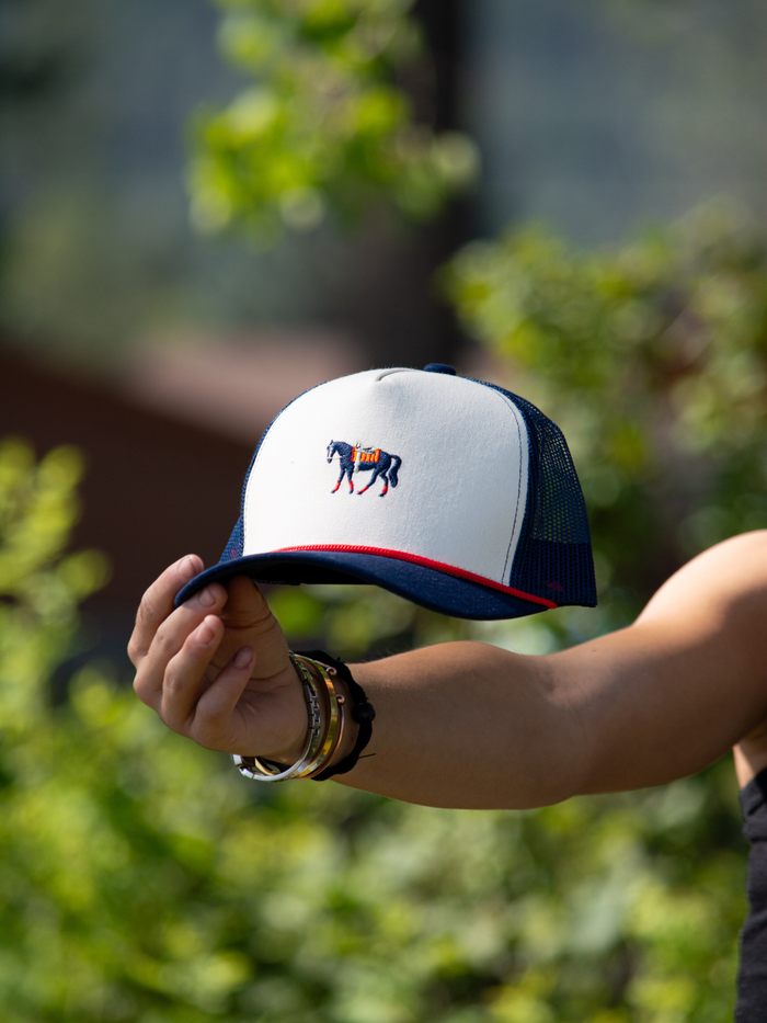 Trucker Hat-Horse Embroidered Trucker - Cream/Navy