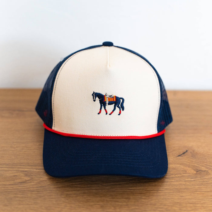 Trucker Hat-Horse Embroidered Trucker - Cream/Navy
