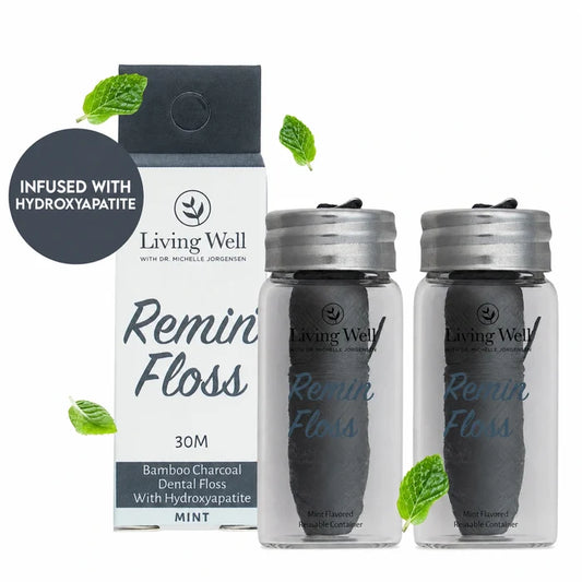 Remin Floss 2-Pack in reusable glass containers — hydroxyapatite-infused dental floss by Living Well