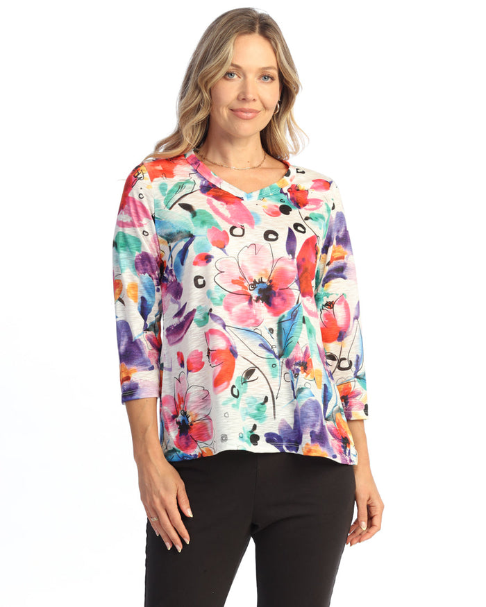 V-Neck 3/4 Sleeve Side Slit Top - 65