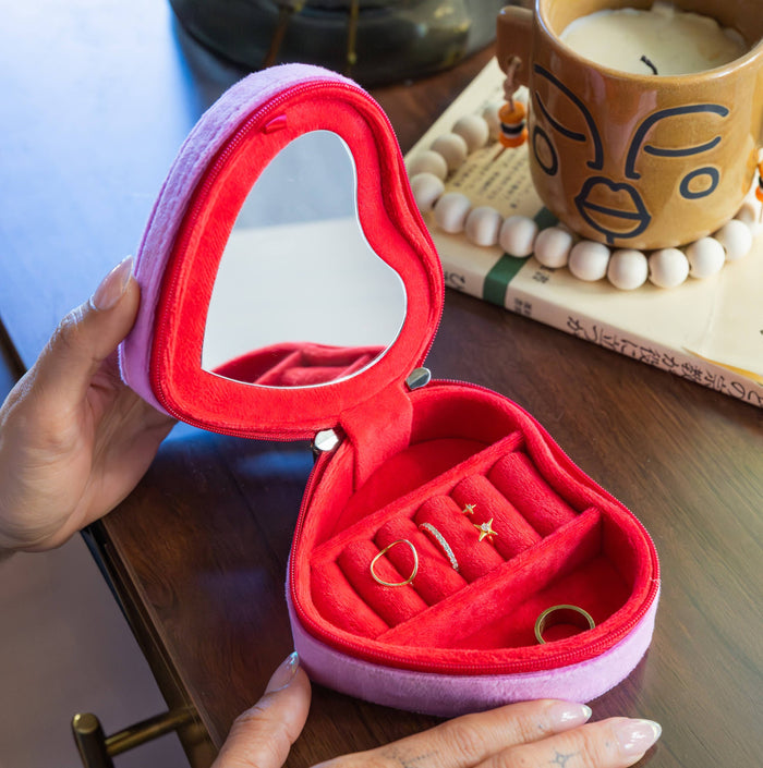 Velvet Jewelry Zip Case / Organizer - Heart Shaped w/ Bow