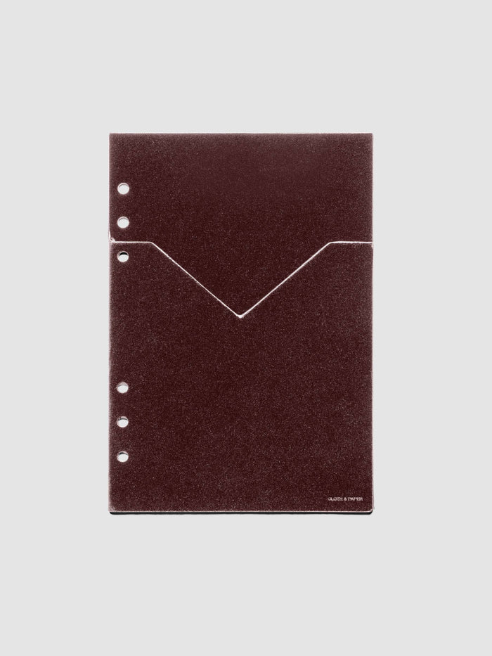 Velvet Pocket Folder in Bordeaux pre-punched for A5 planners.