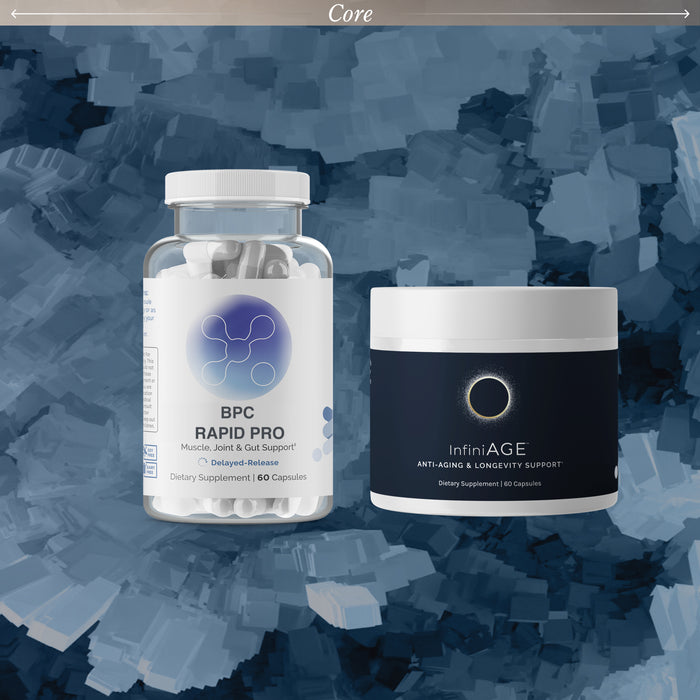 InfiniWell Core Vitality & Healthy Aging protocol featuring BPC Rapid Pro and InfiniAGE supplements on a blue textured background