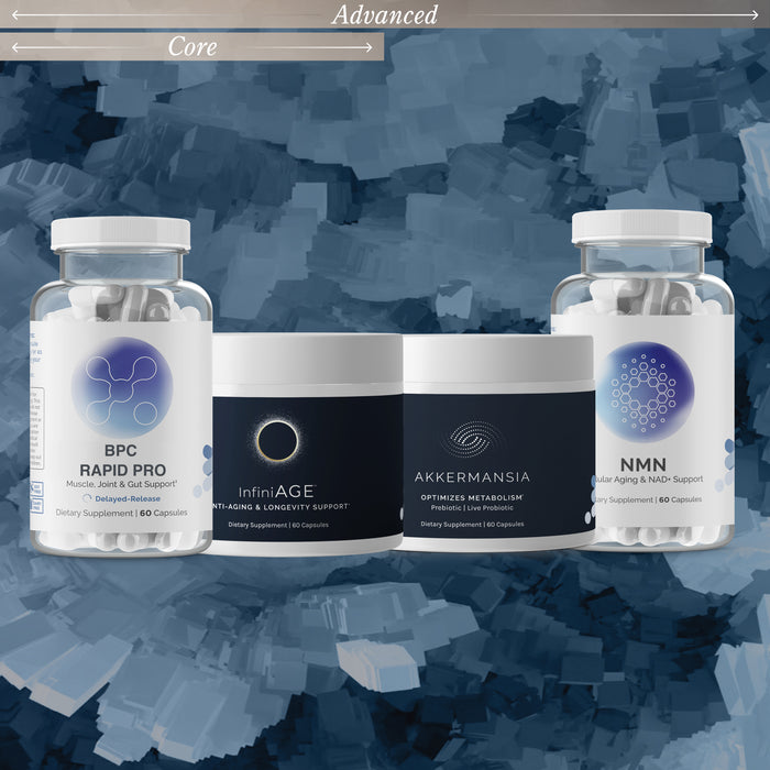 InfiniWell Advanced Vitality & Healthy Aging protocol featuring BPC Rapid Pro, InfiniAGE, Akkermansia, and NMN supplements on a blue textured background