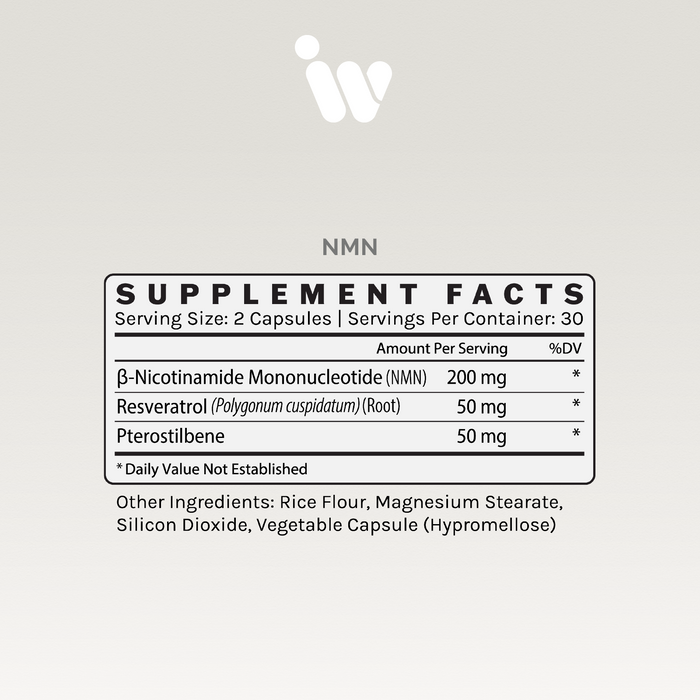 Supplement Facts panel for Infiniwell NMN showing serving size, NMN, resveratrol, pterostilbene and other ingredients