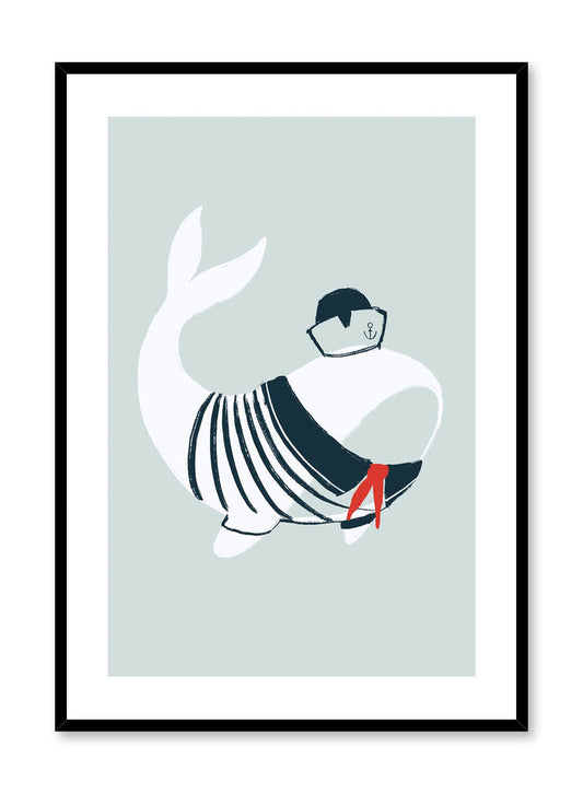Whale Sailor is a minimalist illustration of a white whale wearing a dark blue outfit with a matching Dixie cup hat and a red scarf by Opposite Wall.