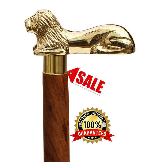 White Whale LION Walking Stick - Men Derby Canes and Wooden Walking Stick for Men and Women - 37" Brown Ebony Brass Handle in Golden Tone Natural Wood Unisex Cane