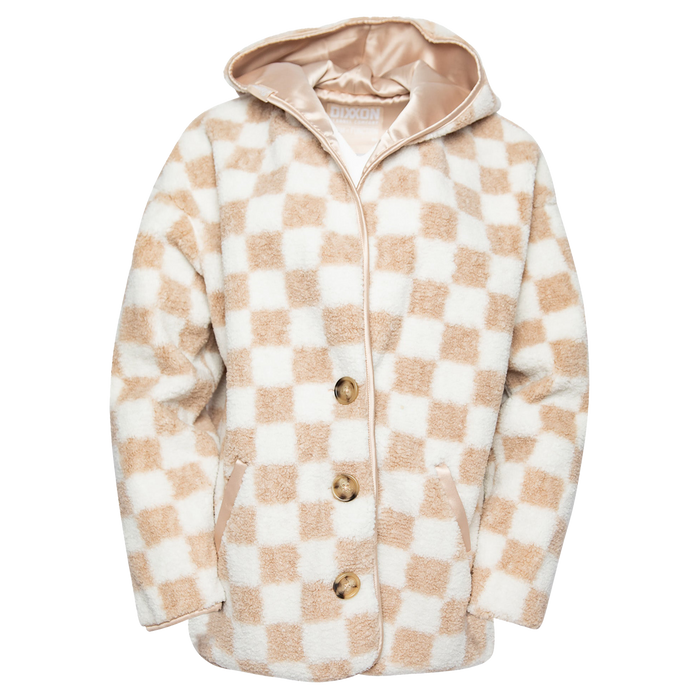 Women's Checkered Sherpa Cardigan - Tan & White