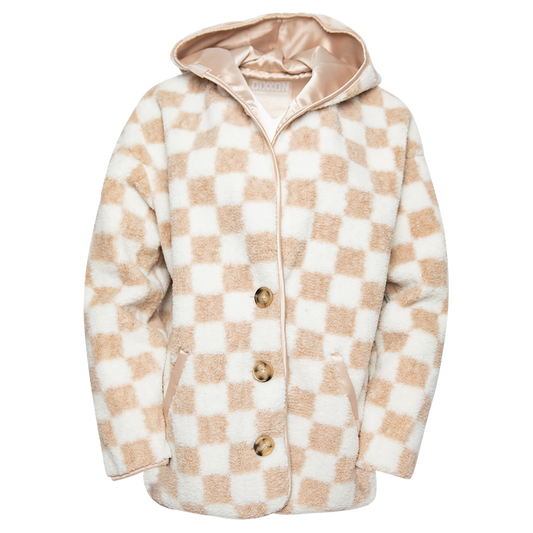 Women's Checkered Sherpa Cardigan - Tan & White