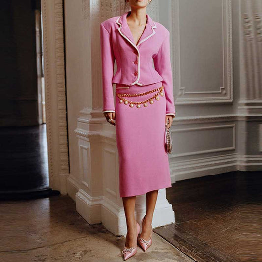 Women's Contrast Detail Short Crepe Blazer Jacket Midi Skirt Suit