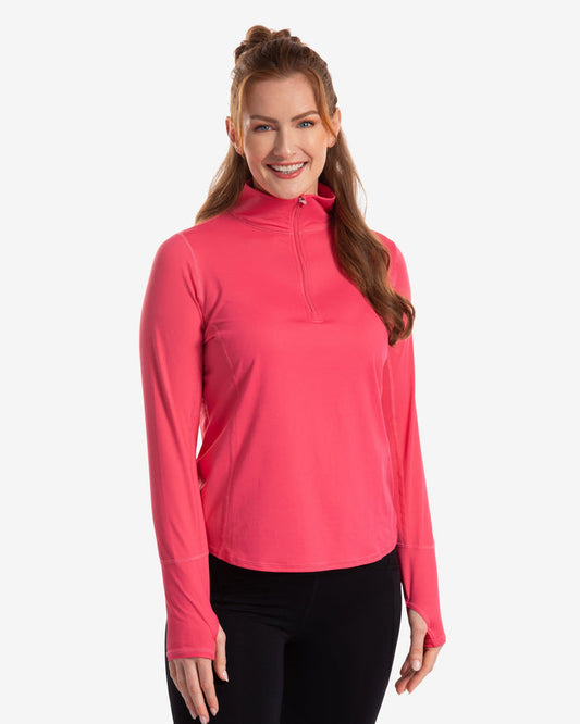 Women wearing watermelon relaxed mock zip top with black leggings. (Style 3002) - BloqUV