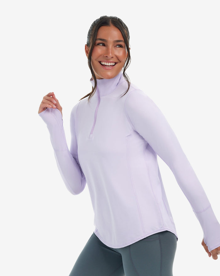 Women wearing lavender relaxed mock zip top. (Style 3002) - BloqUV