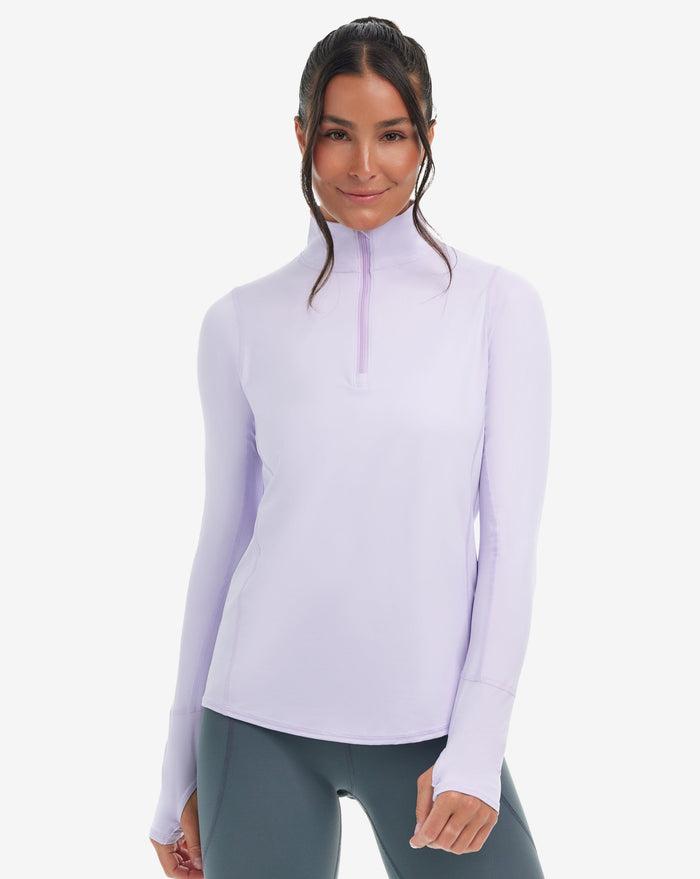 Women wearing lavender relaxed mock zip top. (Style 3002) - BloqUV