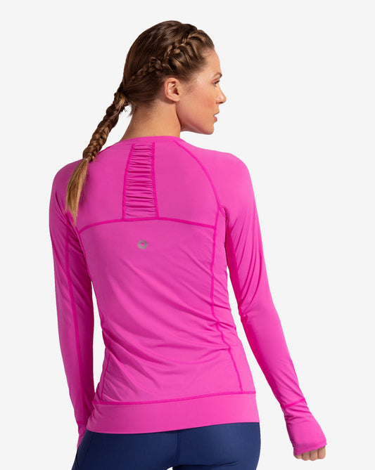 Women wearing bubble gum long sleeve pullover shirt. Back of shirt shown in picture. (Style 2012) - BloqUV