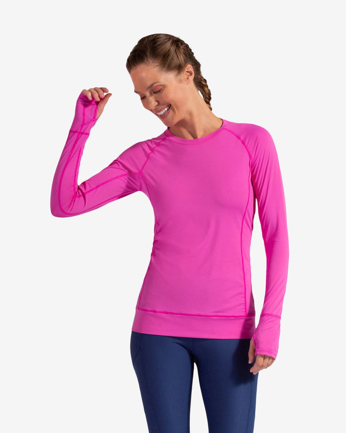 Women wearing bubble gum long sleeve pullover shirt. (Style 2012) - BloqUV