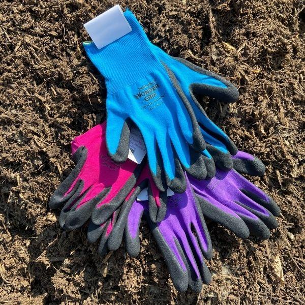 three colors of nitrile dipped womens gardening gloves